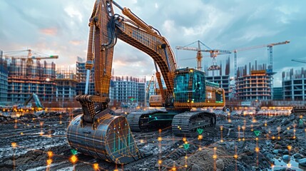 Digital Construction Site with Excavator and Cranes