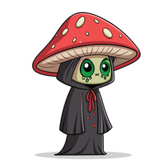 A gothic-style mushroom spirit, wearing a dark robe, with a single, dripping eye, rendered in a detailed, painterly style.
