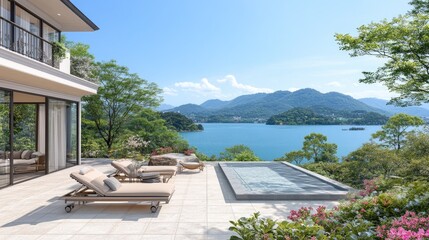 Fototapeta premium Luxurious patio overlooking a serene lake and mountains.