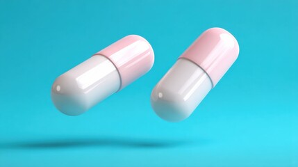 Probiotic Health for Daily Wellness concept. Capsules with pink and white colors floating in mid-air, modern design with a vibrant blue background for medical and pharmaceutical themes