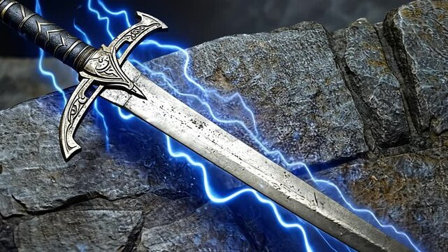 A sword with a blue aura is on a stone wall. The sword is surrounded by a blue light, giving it a mystical and powerful appearance
