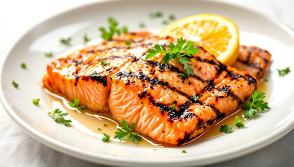 A beautifully grilled salmon fillet on a pristine white plate, garnished with fresh herbs and a lemon wedge. A gourmet culinary masterpiece, perfectly cooked.