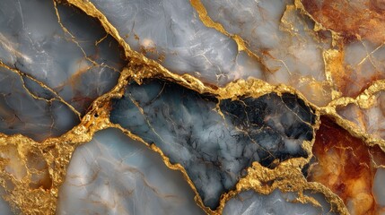 Luxurious Marble Texture: Gray and Golden Veins Creating an Elegant Abstract Background, Highlighting Natural Patterns