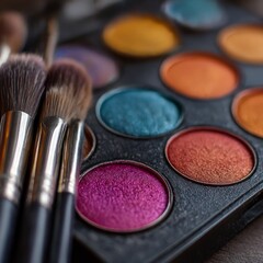 Palette of Vivid Eye Shadows with Professional Makeup Brushes for Beauty and Glamour