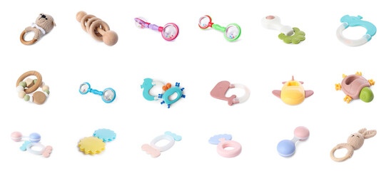 Different baby rattles isolated on white, set