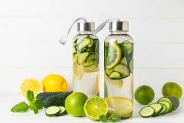 Cucumber water with lemon, lime and mint on a wooden table. Water infused with sliced ​​cucumber in a drinking glass. Tonic refreshing drink. Cucumber lemonade.Summer natural cooling drink.Copy space