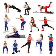 Women in different sportswear on white background, collage