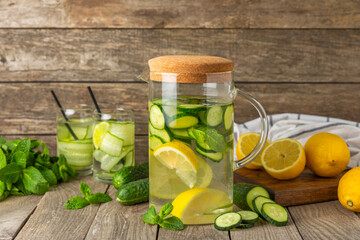 Cucumber water with lemon, lime and mint on a wooden table. Water infused with sliced ​​cucumber in a drinking glass. Tonic refreshing drink. Cucumber lemonade.Summer natural cooling drink.Copy space