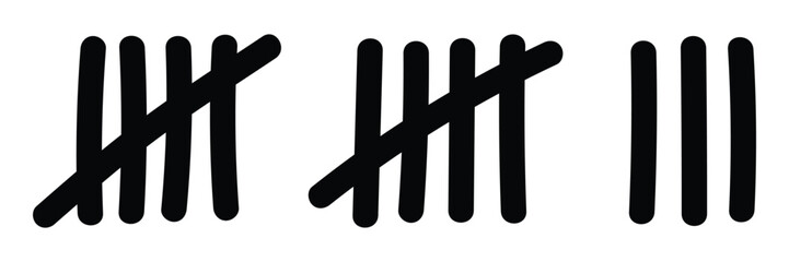 Tally marks vector illustration in hand-drawn doodle style. Counting lines symbol for tracking, scorekeeping, or educational use. Black line art isolated on white background.