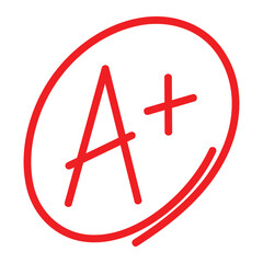 A plus grade vector icon. Academic evaluation symbol representing excellent performance, top score, or achievement in education. Red line illustration isolated on white background.