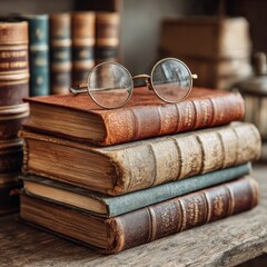 Naklejka premium Vintage Books with Glasses: A Stack of Knowledge and Nostalgia in an Antique Setting.