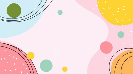 Pastel colored geometric pattern with soft circles, irregular shapes, and delicate black lines forming contemporary graphic design element for creative projects