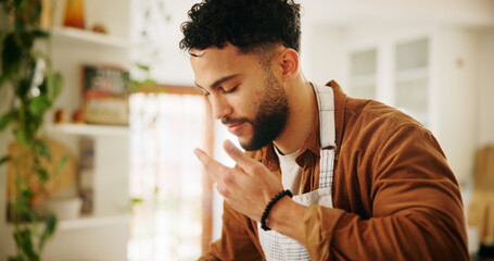 Chef, man or smelling meal in home for lunch preparation, fresh aroma or creative skill process....