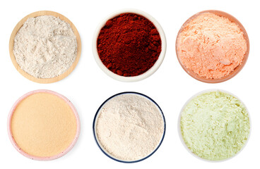 Different types of flour in bowls isolated on white, set. Top view