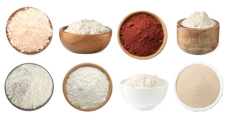 Different types of flour in bowls isolated on white, set