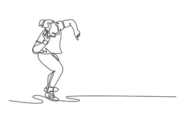 Single one line drawing female putter preparing to throw shot at indoor stadium in track and field athletics. Professional shot put competition. Continuous line draw design graphic vector illustration