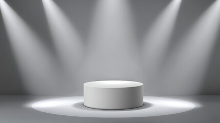 White round podium illuminated by spotlights in a gray room creates a dramatic and minimalist presentation space, ideal for showcasing products or awards