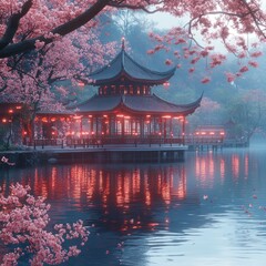 Naklejka premium Peaceful Asian pagoda on a serene lake at dawn.