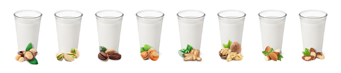 Different types of nut milk in glasses isolated on white, set