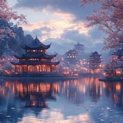 Obraz premium Serene, illuminated pagodas reflecting in a calm lake at twilight.