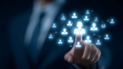 Fototapeta premium of a hand touching a glowing network of interconnected icons representing the growth strategy and digital transformation of a business through effective communication and technological