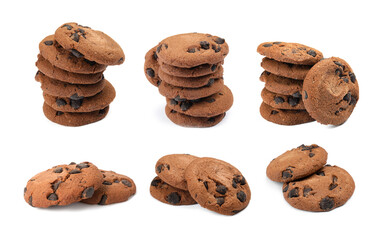Yummy chocolate chip cookies isolated on white, collage
