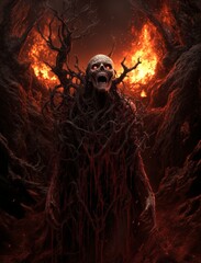 Chains of Evil
A shackled demon stands on burning rocks. Victims emerge below him. His hands like branches, his back like twisted wood. Terrifying presence in every glance.