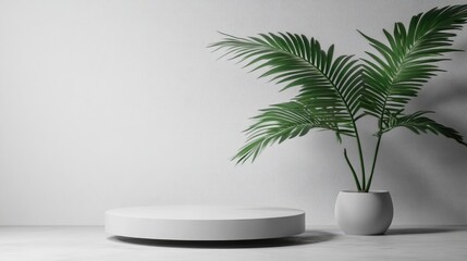Obraz premium Empty round display platform next to a potted palm tree against a light gray wall.