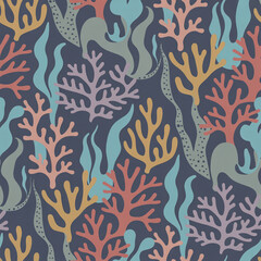 Elegant coral reef and seaweed pattern seamless vector design summer theme