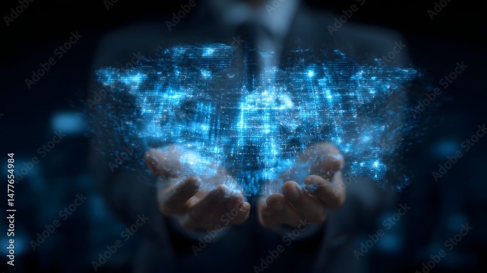 Poster hands revealing a holographic display of a dynamic global network symbolizing the interconnectedness