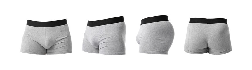 Grey menʼs underwear isolated on white, collage. Views from different sides