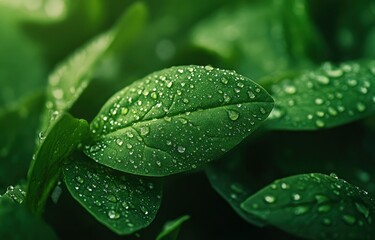 Fototapeta premium Dew-Kissed Green Leaves: A Lush, Serene Nature Photograph