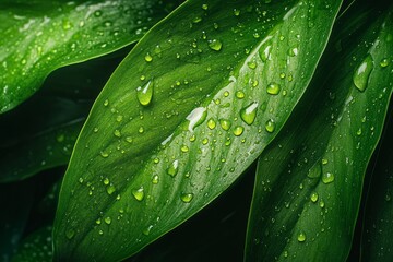 Closeup of green leaves with water drops.