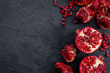 Fresh ripe pomegranate with half and pieces ready for eating. Top view