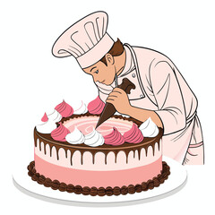 A skilled pastry chef meticulously decorates a cake with delicate pink frosting, showcasing precision and artistry.