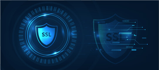 SSL (Secure Sockets Layer) and Security Icons  Encrypted Internet Communication and Data, blue futuristic abstract background