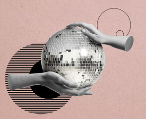 Disco ball and human hands on color background, creative collage