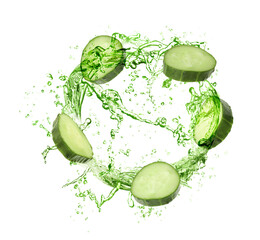 Cucumber slices and splashing green liquid in air on white background