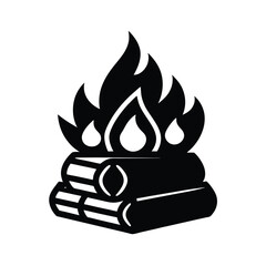 Black and white illustration of burning campfire with logs and flames on a white background