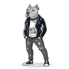 A tough-looking Pitbull wearing a studded leather biker jacket, ripped jeans, and a serious expression.  High-resolution, detailed image.