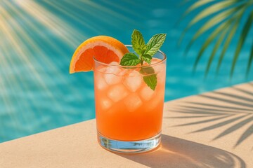 Obraz premium Glass of refreshing grapefruit cocktail with ice cubes, mint leaves and a slice of grapefruit, placed on the edge of a swimming pool on a sunny summer day, creating a vibrant and inviting scene