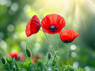 Landscape with nice sunset over poppy field