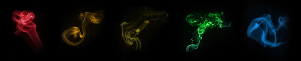 Fototapeta premium Color smoke in air on black background, set. Banner design