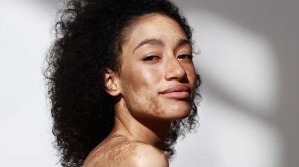 Studio portrait of a beautiful young woman with vitiligo, showcasing her unique skin pigmentation and promoting body positivity and self-acceptance