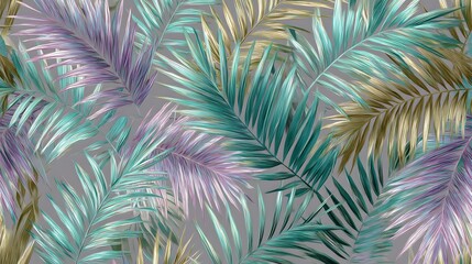 Pattern of stylized palm fronds in shades of green, gold, and purple against a gray background.