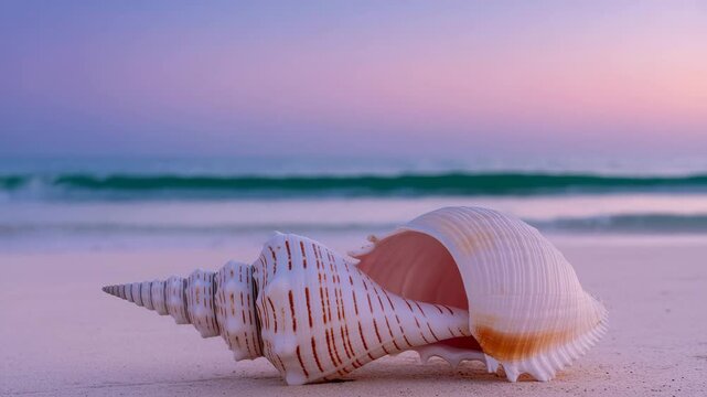 tranquil seashore macro scene, Sea shell on beach at sunrise, sea shell on beach close up with pastel tones, sea shell on beach photography for nature and travel content, sea shell on beach