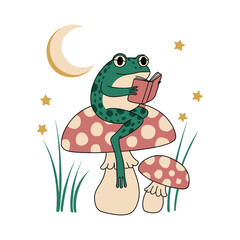 A frog sits on a mushroom and reads a book, vector illustration design