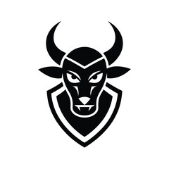 Black and white illustration of a powerful bull head emblem with sharp horns and a shield shape.