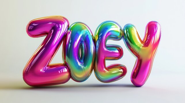 Iridescent balloon typography spelling the name Zoey against a clean background