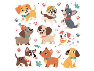 Naklejka premium Cute Vector Cartoon Dogs – Playful Puppy Clipart Set for Stickers, Kids, and Merch